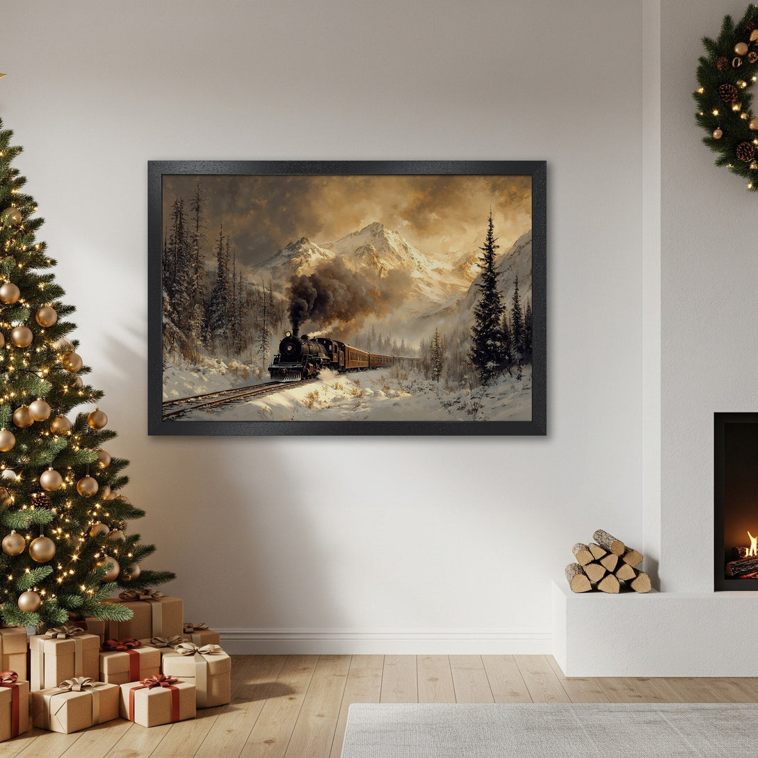 Framed Poster of a vintage train in a snowy landscape, warm color palette. Perfect wall art for your home!