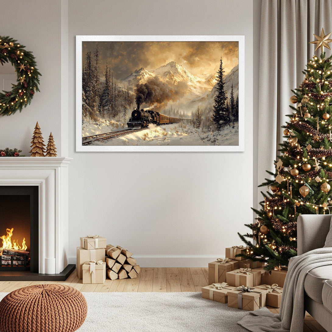 Framed Poster featuring a vintage train in a snowy landscape. Warm color palette, perfect for cozy home decor.