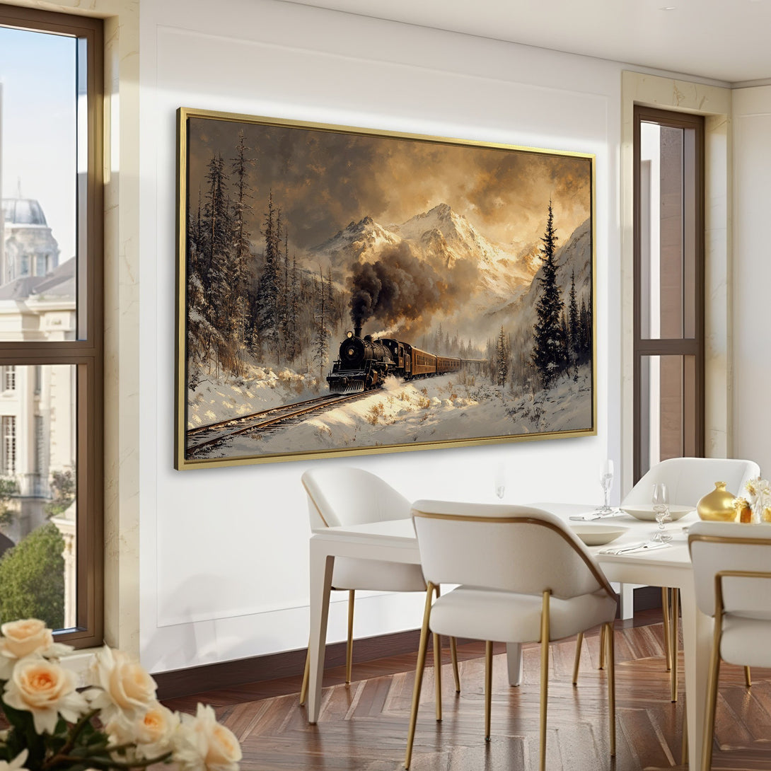 Canvas Print of a vintage train in a snowy landscape. Classic style, warm sepia tones, perfect for home decor.