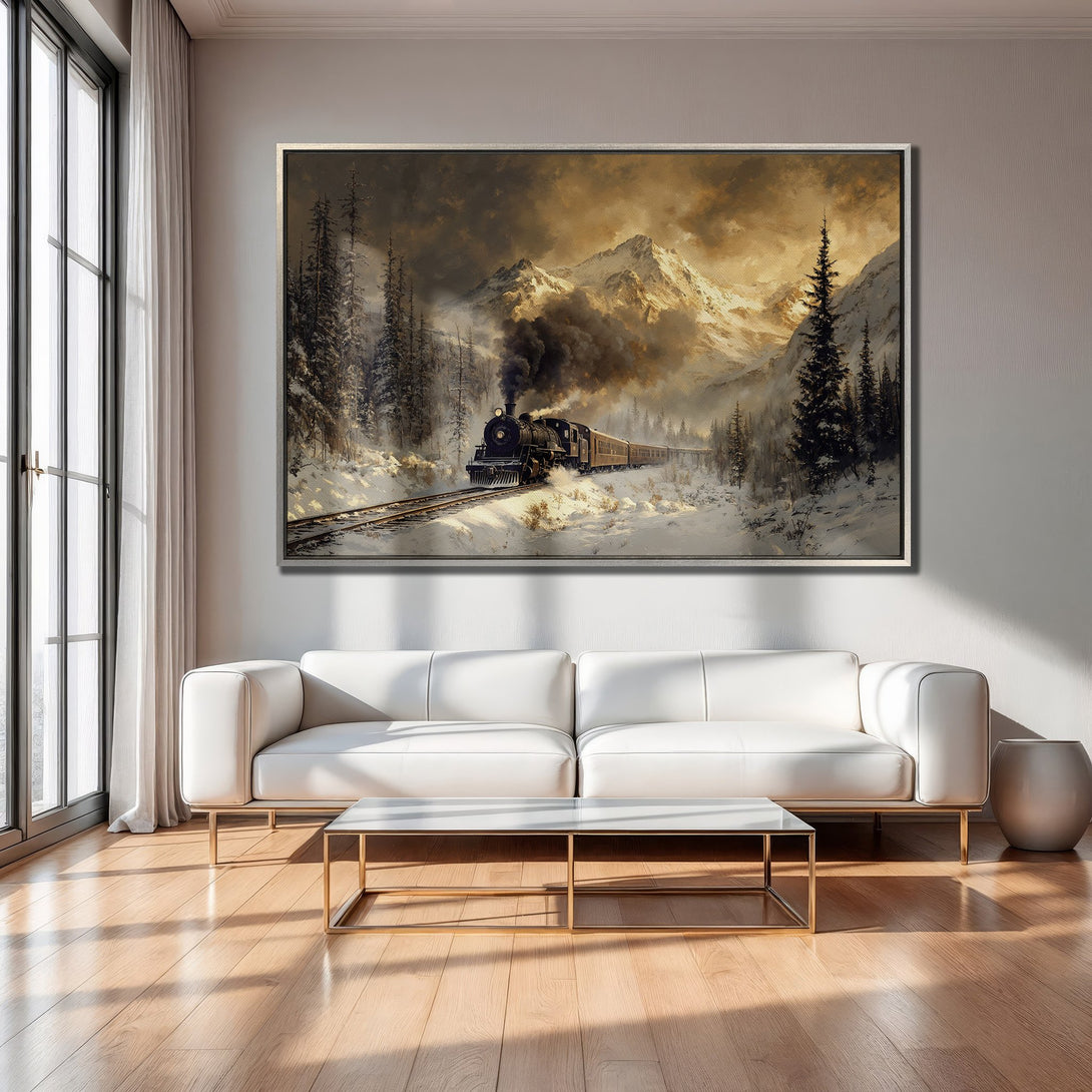 Framed Wall Art: Vintage train in a snowy mountain landscape. Warm, earthy tones create a cozy atmosphere. Perfect for living room wall decor.