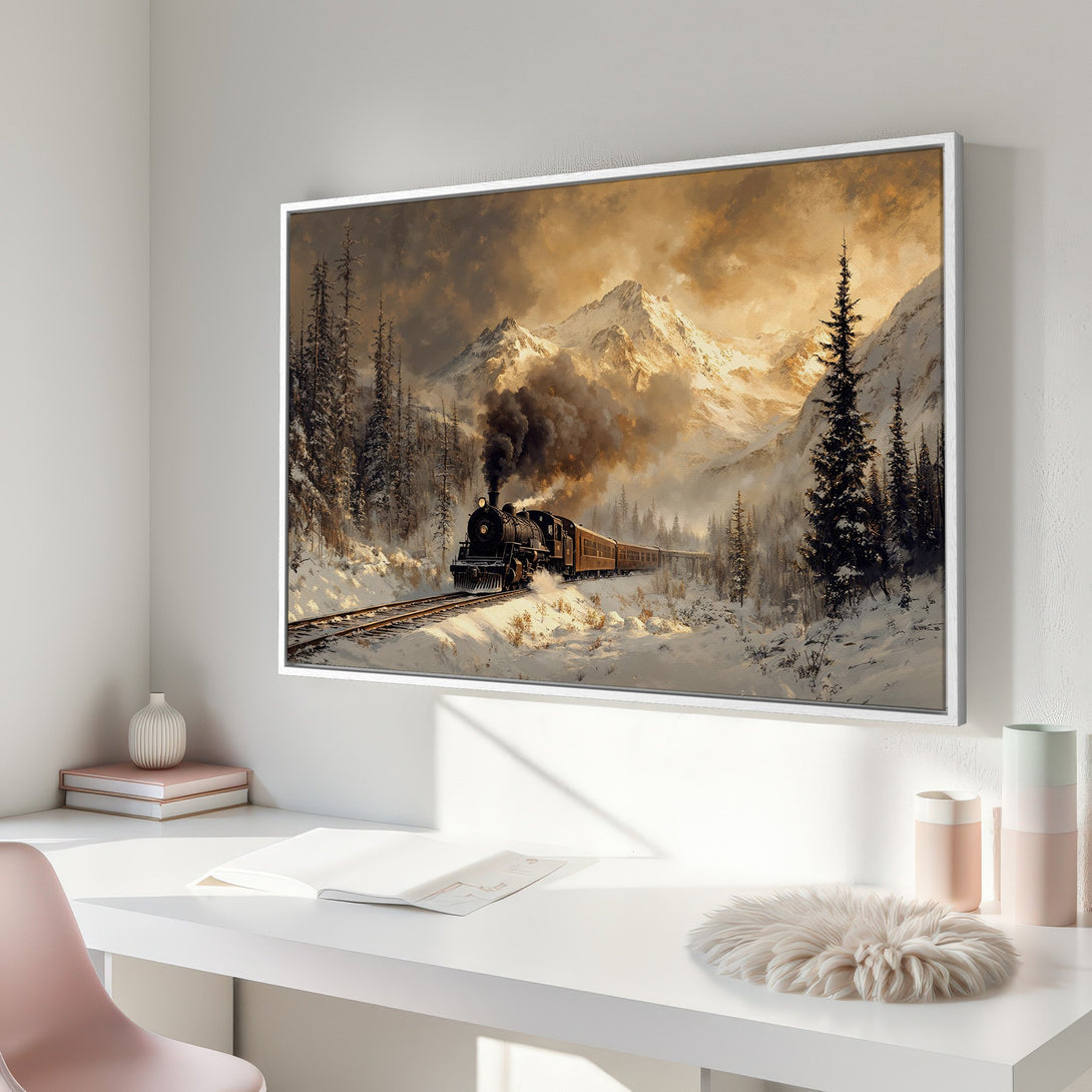 Framed Wall Art: Vintage train in snowy mountain landscape. Warm, golden color palette. Perfect for adding a touch of classic art to your home.