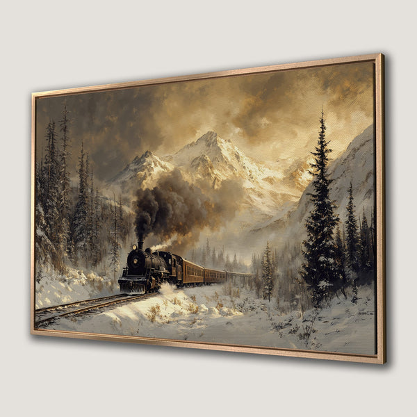 Framed Wall Art of a vintage train in a snowy mountain scene. Warm, muted color palette. Perfect for rustic decor.