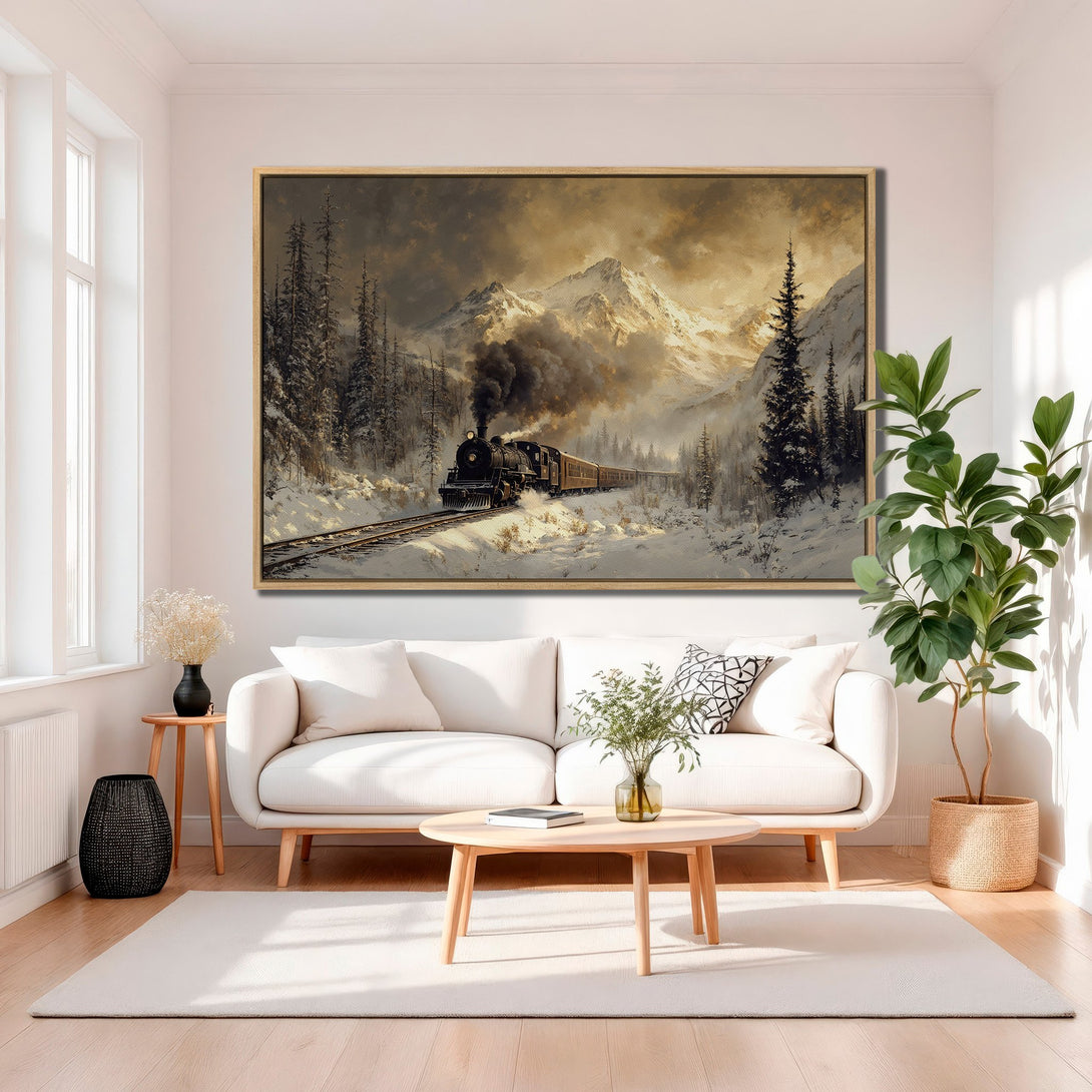 Framed Wall Art: Vintage train in snowy mountains. Classic landscape Canvas Print with warm, neutral color palette. Perfect for rustic home decor.