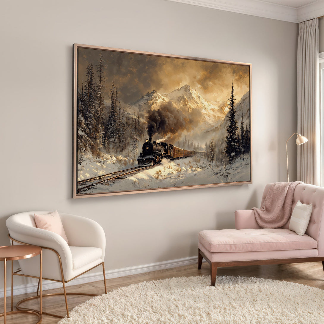 Framed Wall Art: Vintage train in snowy mountains. Warm, neutral color palette. Perfect for cozy living rooms. Add classic art to your home!