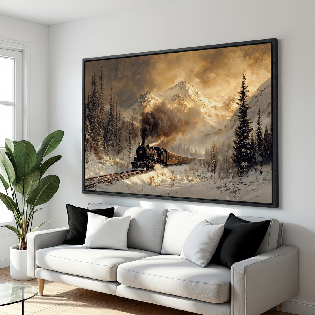 Framed Wall Art: Vintage train in snowy mountain landscape. Warm, earthy tones evoke nostalgia. Perfect for adding a touch of classic art to your home.