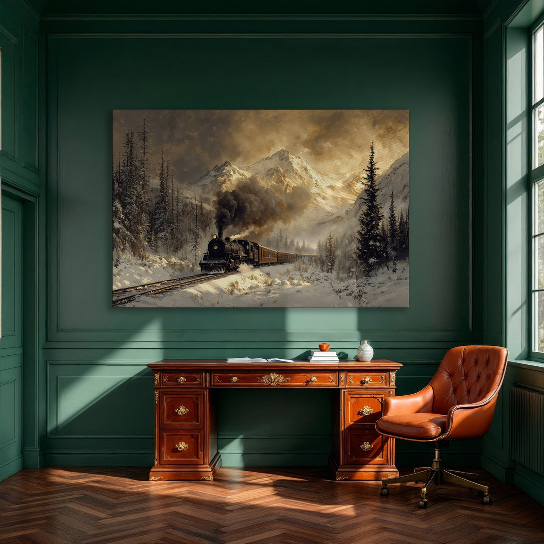Framed Wall Art: Vintage train in a snowy mountain landscape. Warm, earthy tones create a cozy, classic aesthetic. Perfect for any interior.