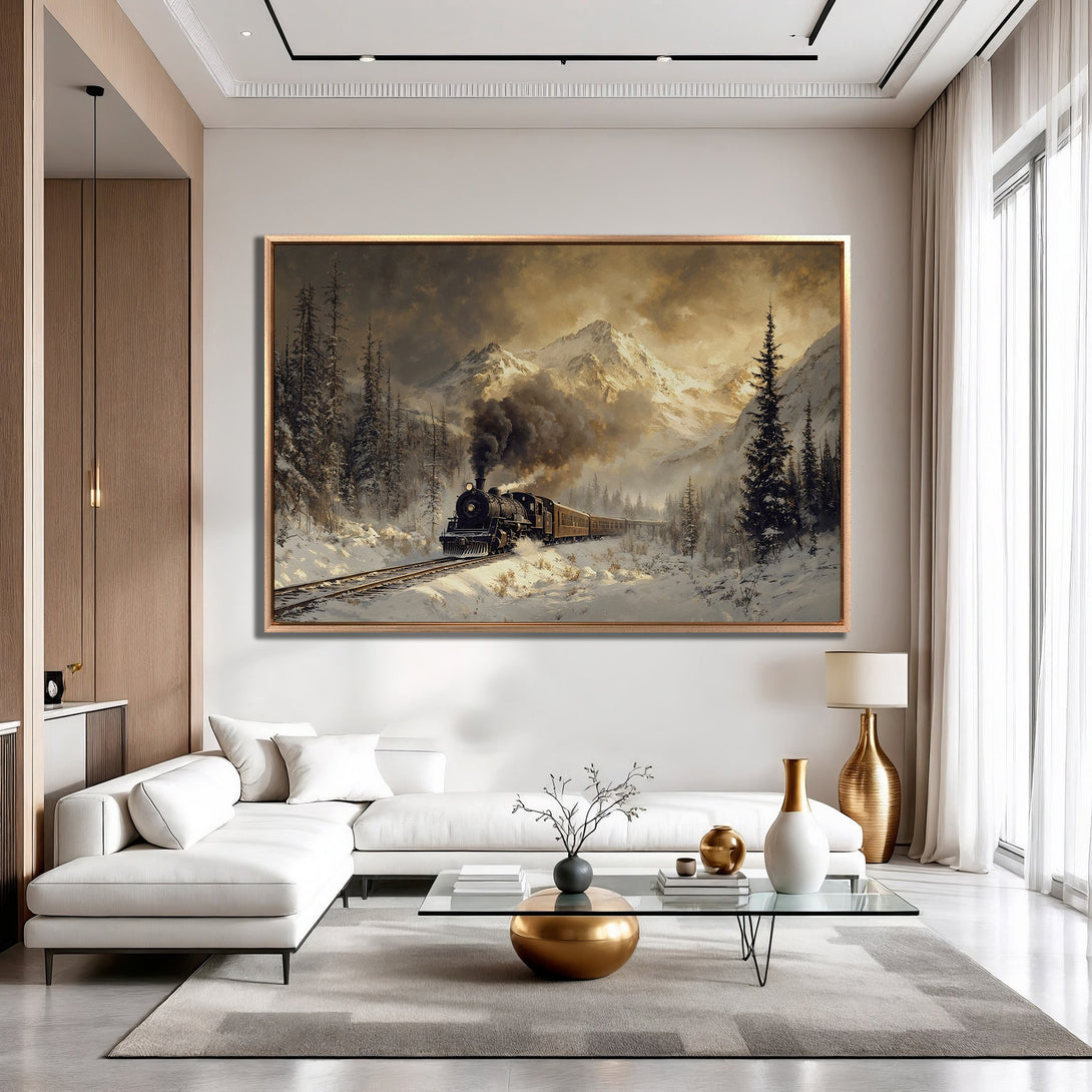 Framed Wall Art: Vintage train in snowy landscape. Rustic style, warm sepia tones. Perfect for living room decor. Add a touch of classic art!