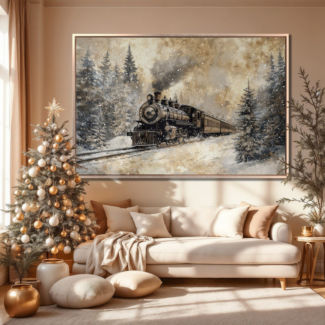 Framed Wall Art: Vintage train in snowy landscape, neutral beige and gray tones. Perfect holiday decor for a cozy living room.
