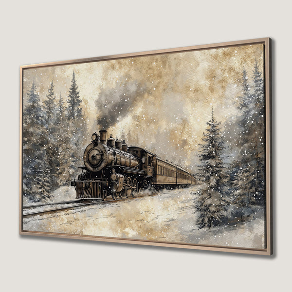 Framed Wall Art: Vintage train in snowy forest, watercolor style. Neutral color palette with brown, gray, and white tones. Perfect for cozy decor.