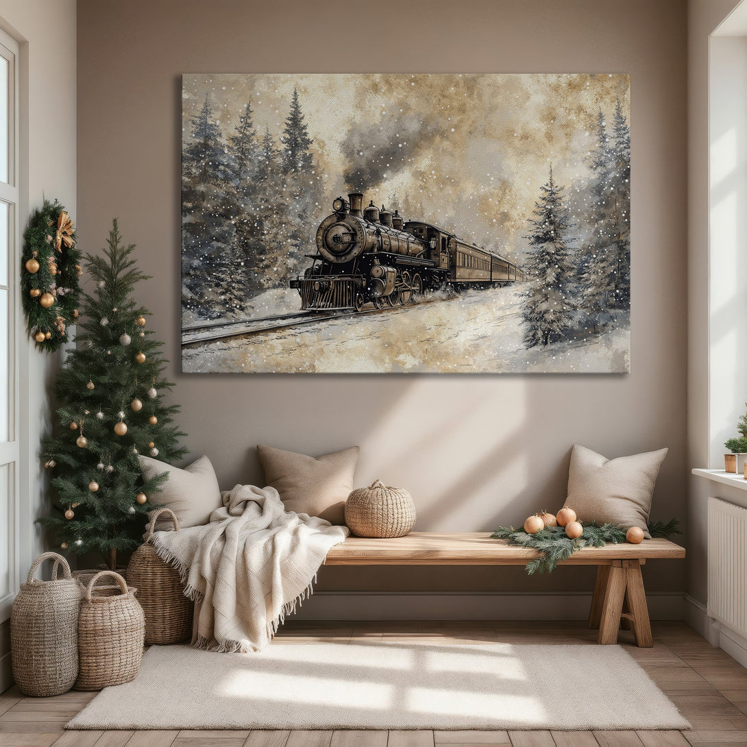 Framed Wall Art featuring a vintage train in a snowy forest, with a warm, neutral color palette. Perfect for adding cozy charm to your home.