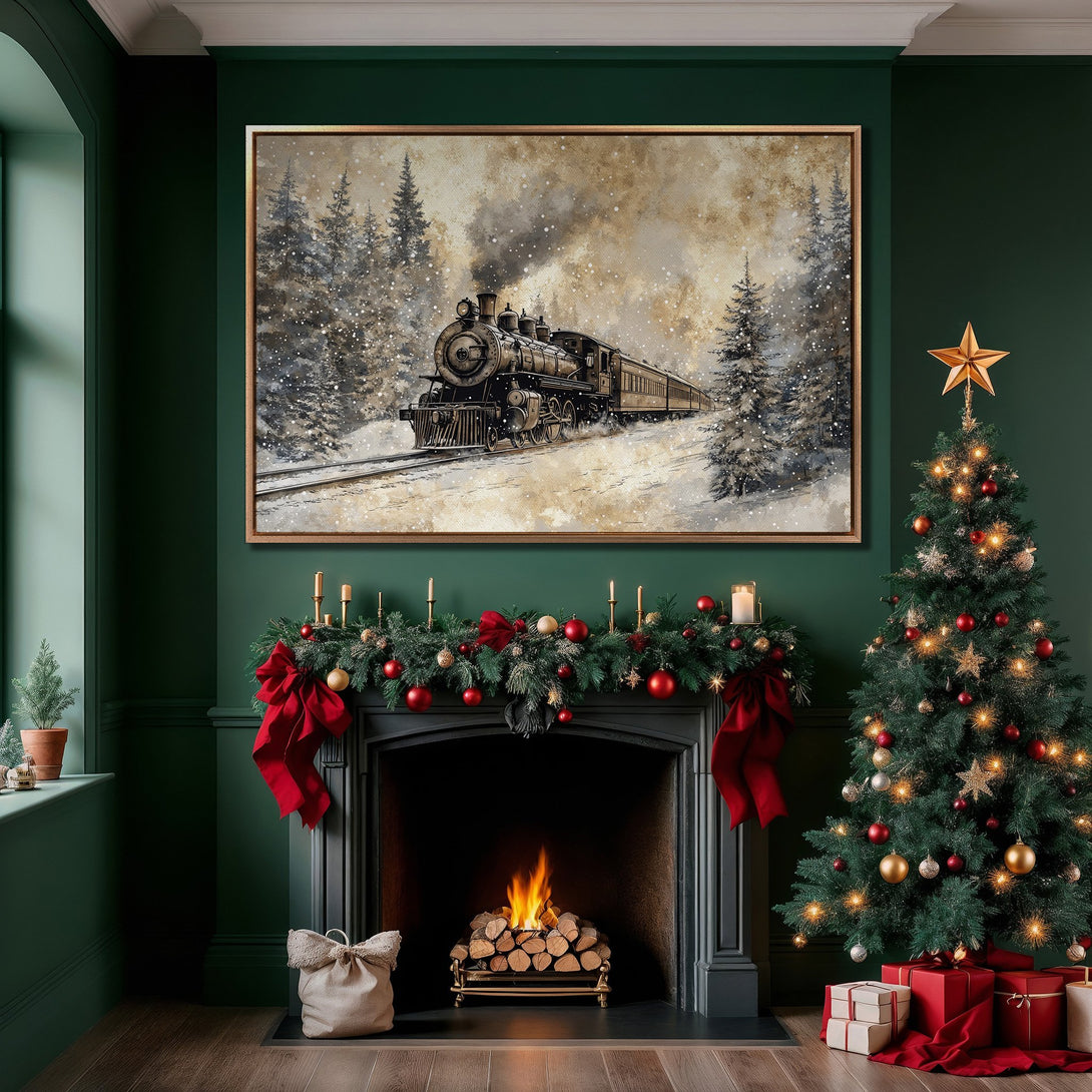 Framed Wall Art: Vintage train in winter scene. Neutral, sepia tones. Perfect for cozy holiday decor, adding warmth and charm to any room.