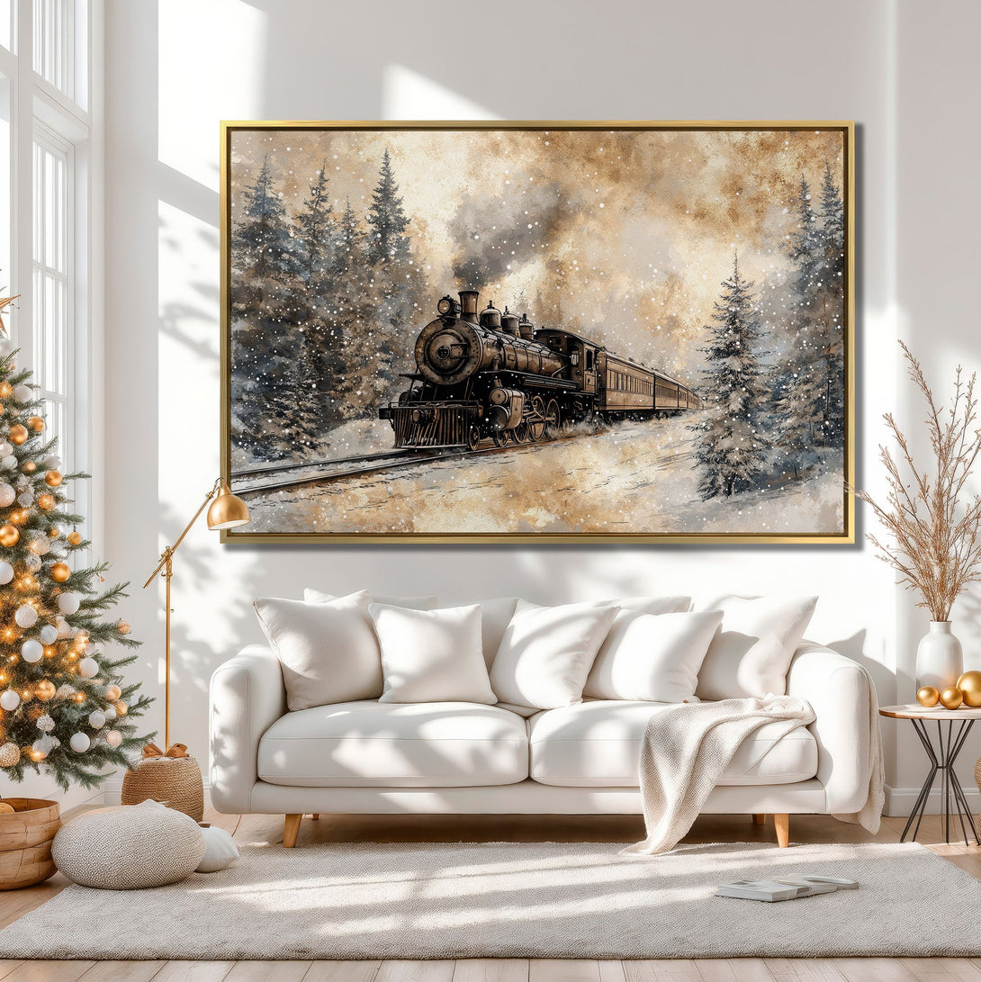 Canvas Print: Vintage train in snowy forest, neutral color palette, perfect for cozy winter decor.