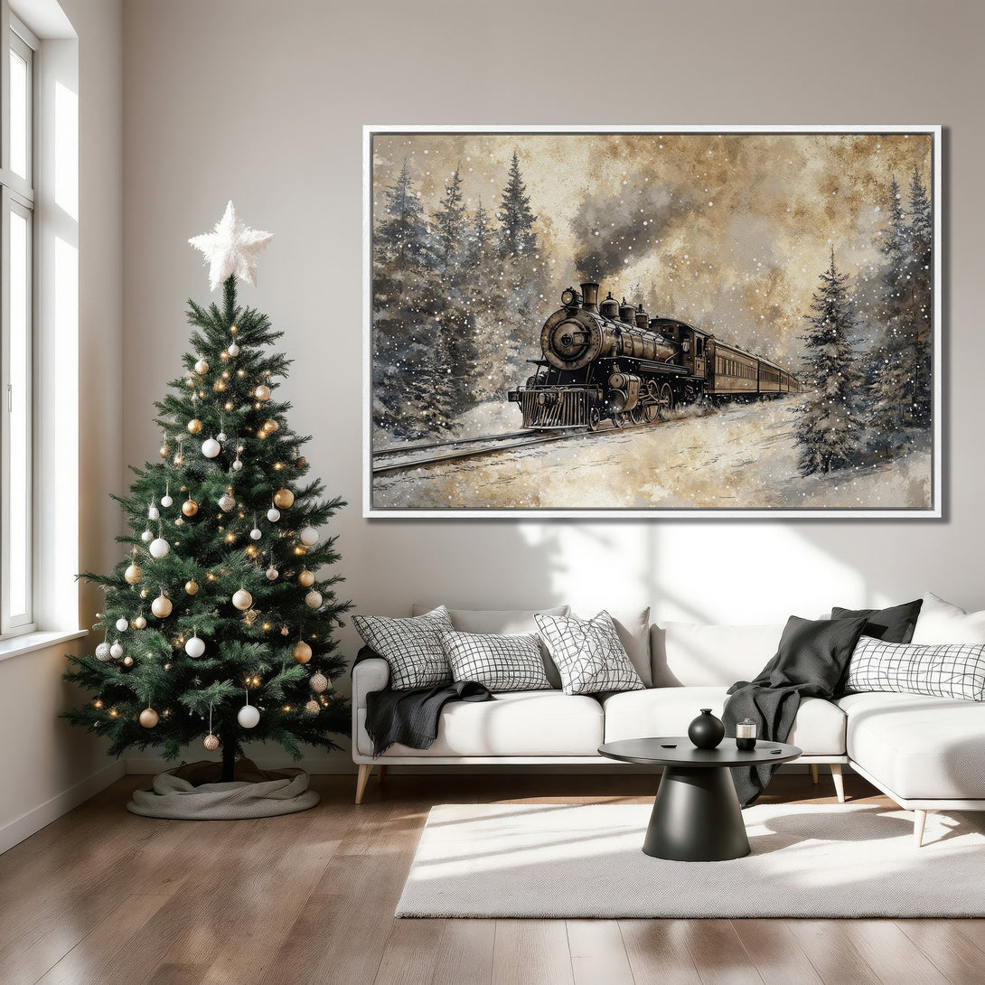 Framed Wall Art: Vintage train in snowy forest. Neutral color palette with warm tones. Perfect for cozy home decor. Shop now!