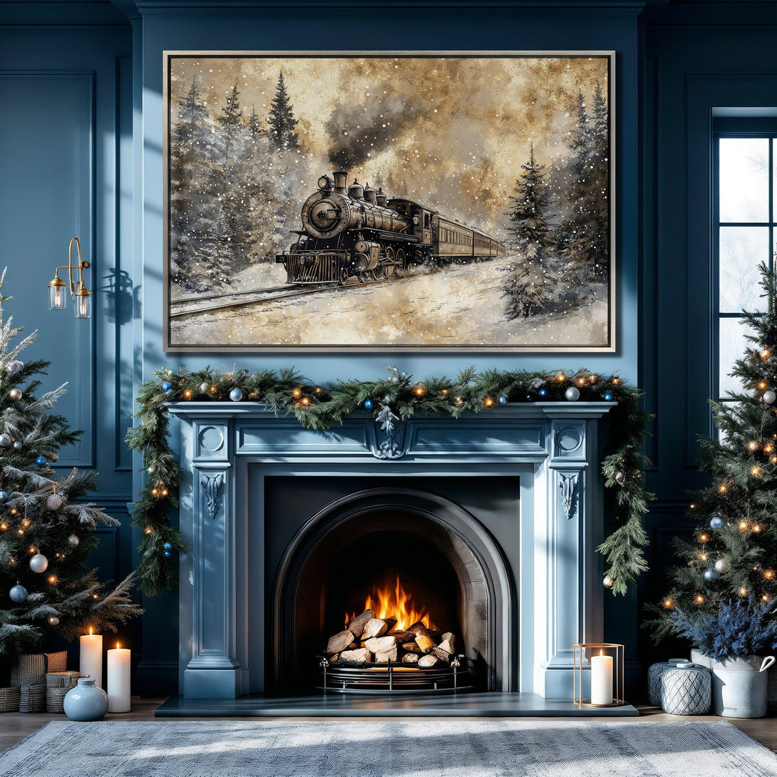 Framed Wall Art: Vintage train in snowy landscape, neutral tones. Perfect for cozy interiors. Canvas Print adds warmth to any room.