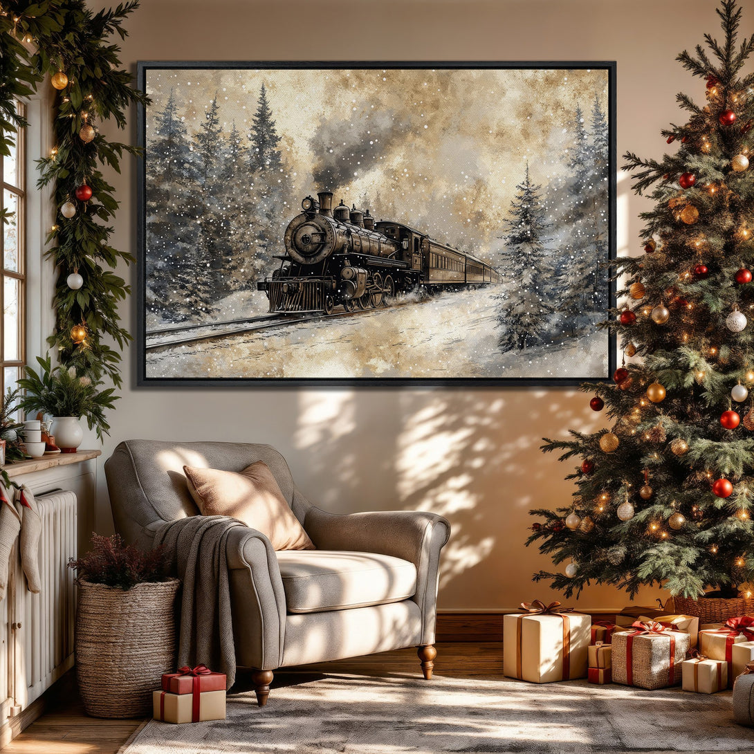 Framed Wall Art: Vintage train in winter forest, neutral color palette. Perfect holiday decor for a cozy home. Shop now!
