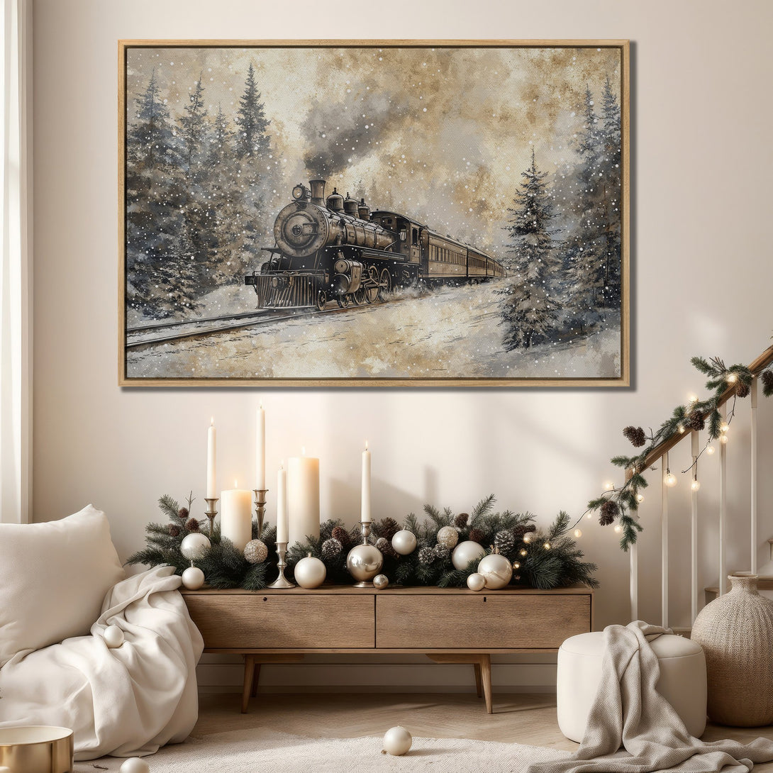 Framed Wall Art: Vintage train in a snowy forest. Rustic style, neutral color palette. Perfect for adding a cozy, timeless touch to your home decor.