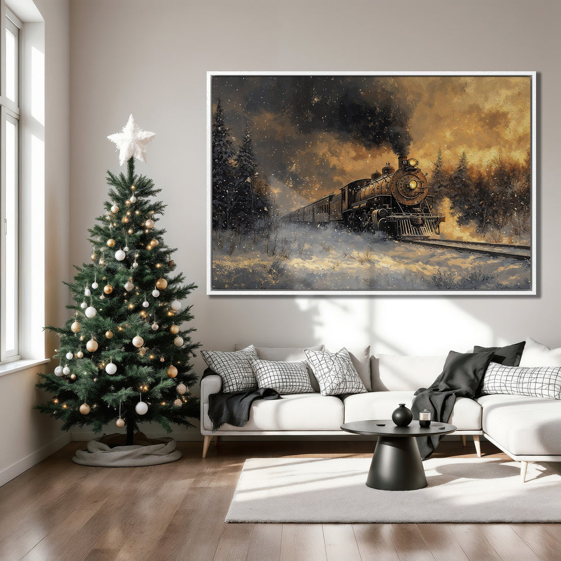 Framed Wall Art: Vintage train art in a snowy landscape, warm gold & grey tones. Perfect winter decor for your living room.