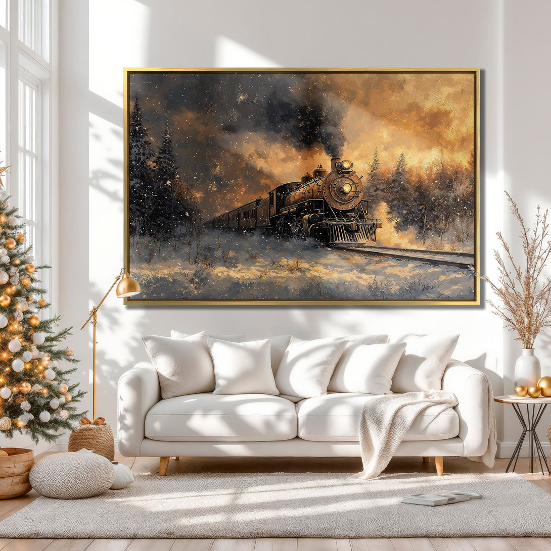 Canvas Print of a vintage train in a snowy landscape, warm gold and brown tones, perfect for winter decor.