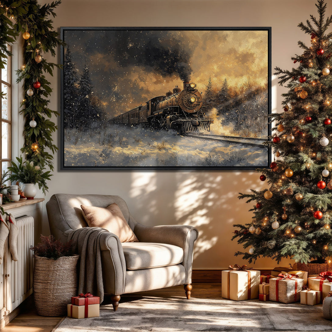 Framed Wall Art featuring a vintage train in a snowy landscape, warm gold and brown tones. Perfect holiday decor for any home.