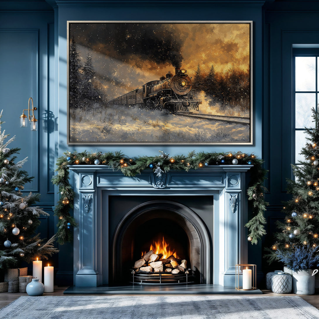 Framed Wall Art: Winter train scene in warm gold and black tones. Perfect for cozy decor. Canvas Print adds vintage charm to any room.