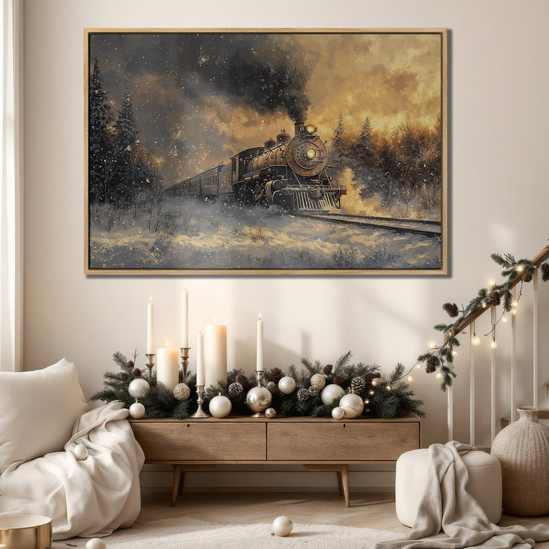 Framed Wall Art featuring a vintage train in a winter landscape. Warm, neutral color palette with touches of gold and gray. Perfect for cozy home decor.