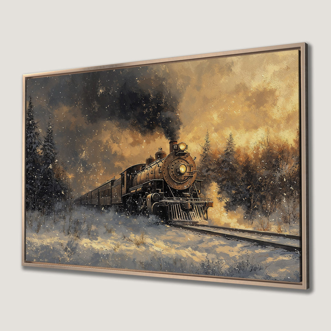 Framed Wall Art: Vintage train in a snowy landscape, warm gold and gray tones, perfect for rustic decor. Add a touch of nostalgia to your home!