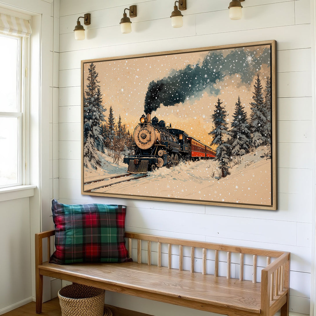 Framed Wall Art: Winter train scene in cozy neutral tones. Vintage-style illustration of a snowy landscape with a classic train. Perfect for holiday decor.