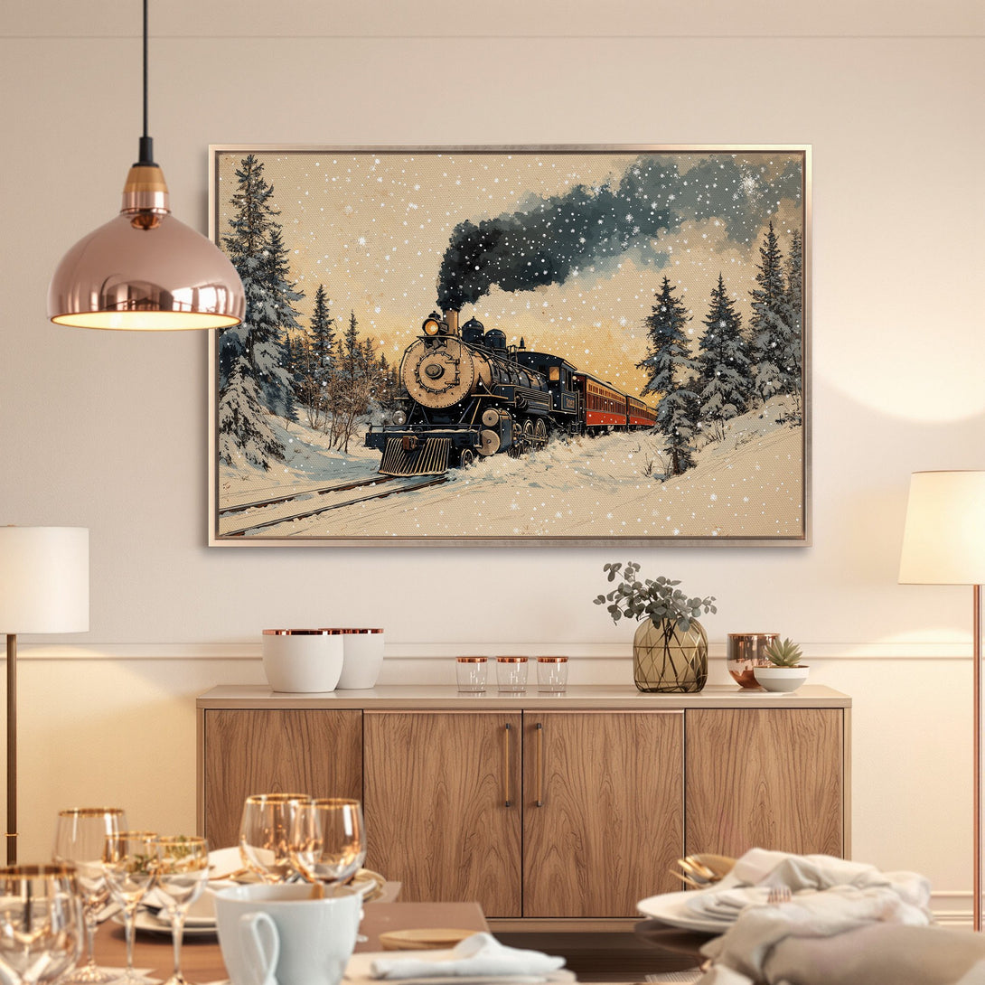 Framed Wall Art: Vintage train in winter scene. Warm neutral tones with pops of red and black. Perfect for adding a cozy touch to your home.