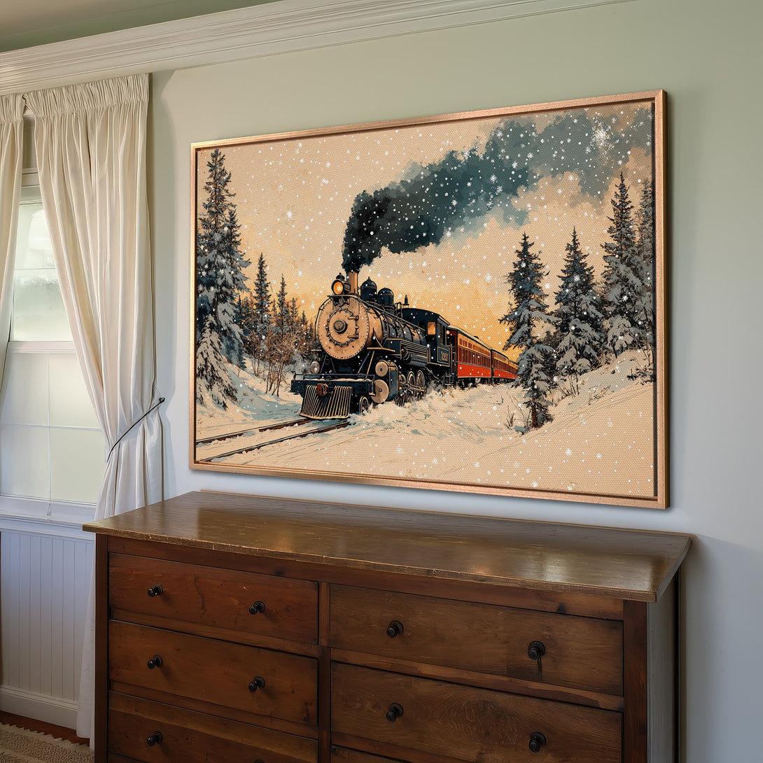Framed Wall Art: Vintage train in snowy forest scene. Warm color palette with black, red, and beige tones. Perfect for cozy home decor.