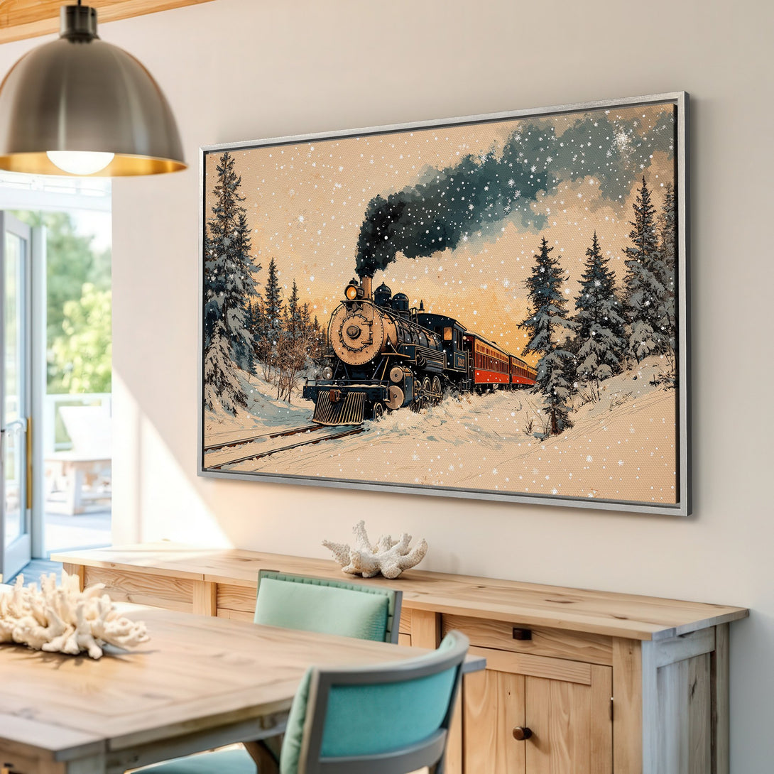 Framed Wall Art: Vintage train in a snowy forest. Warm, inviting color palette. Perfect for rustic decor. Add a touch of nostalgia to your home!