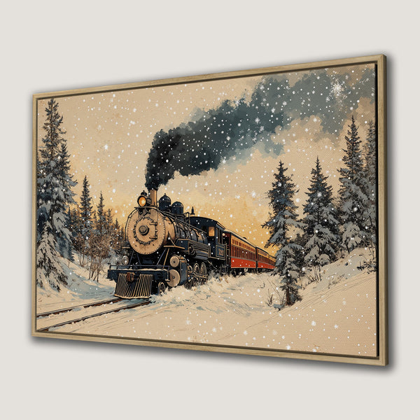 Framed Wall Art: Vintage train in winter landscape. Neutral tones with pops of red and black. Perfect for rustic decor. Canvas Print available!
