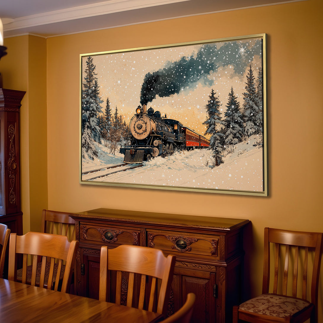 Canvas Print of a vintage train in a snowy landscape, warm neutral tones, perfect for cozy home decor.