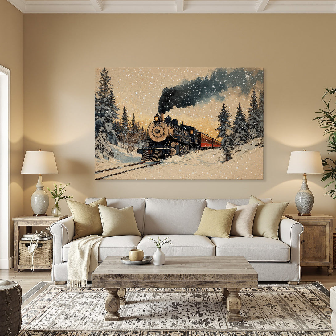 Framed Wall Art: Vintage train in a snowy landscape. Warm, inviting color palette with black, red, and white accents. Perfect for cozy interiors.