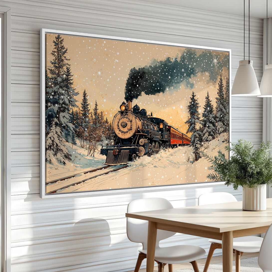 Framed Wall Art: Winter train scene with snow, trees, and a warm color palette. Perfect for cozy home decor.