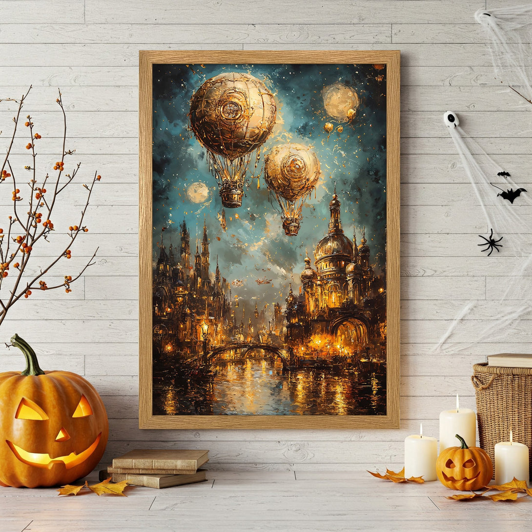 Framed Poster featuring a steampunk city with hot air balloons, in a warm, autumnal color palette. Perfect Halloween decor!