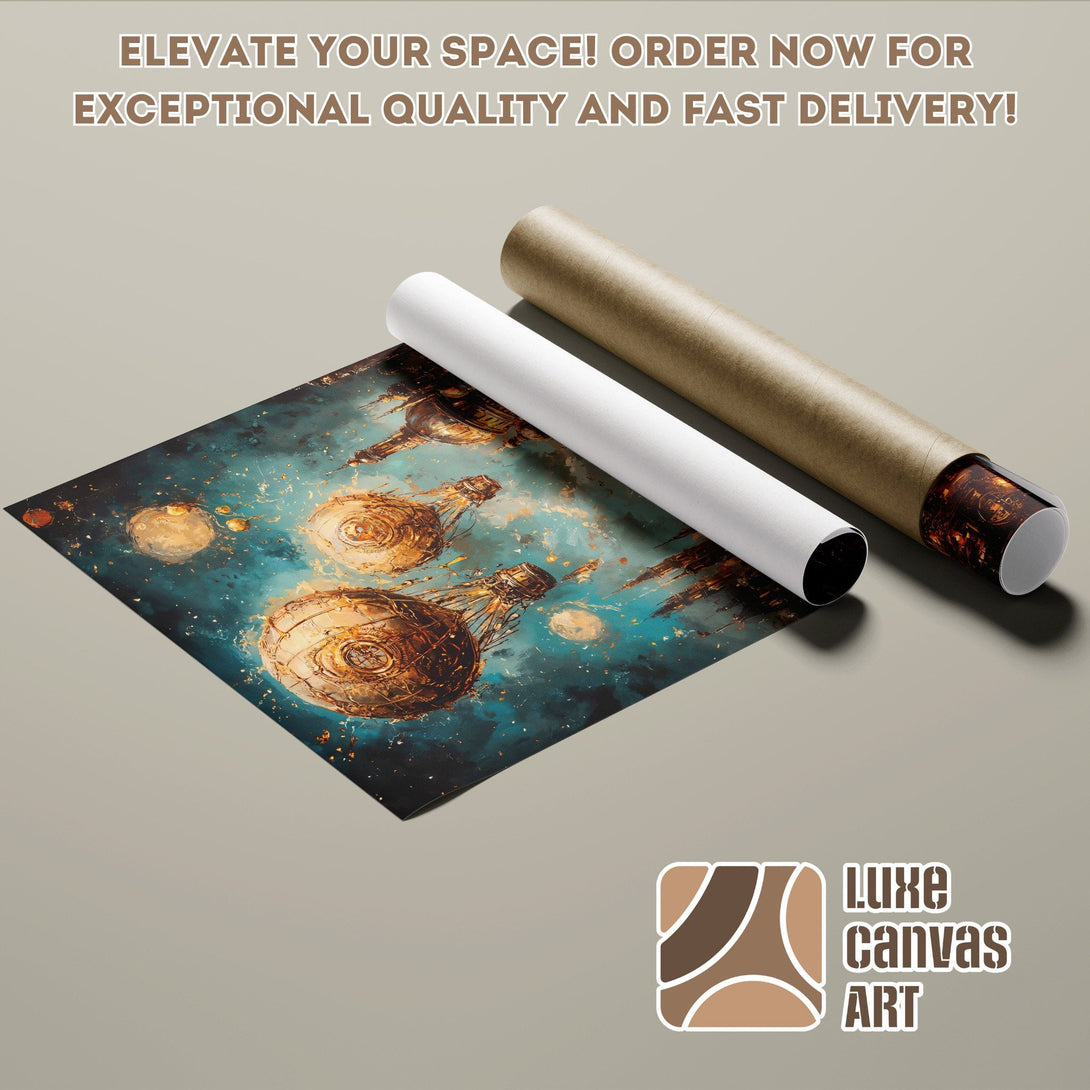 Poster Roll featuring space art in teal and gold, perfect for home decor.