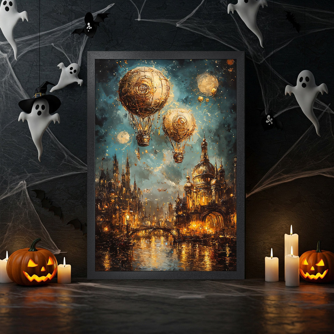 Framed Poster featuring a fantasy city with hot air balloons, in a steampunk style, with a teal and gold color palette. Perfect Halloween decor!
