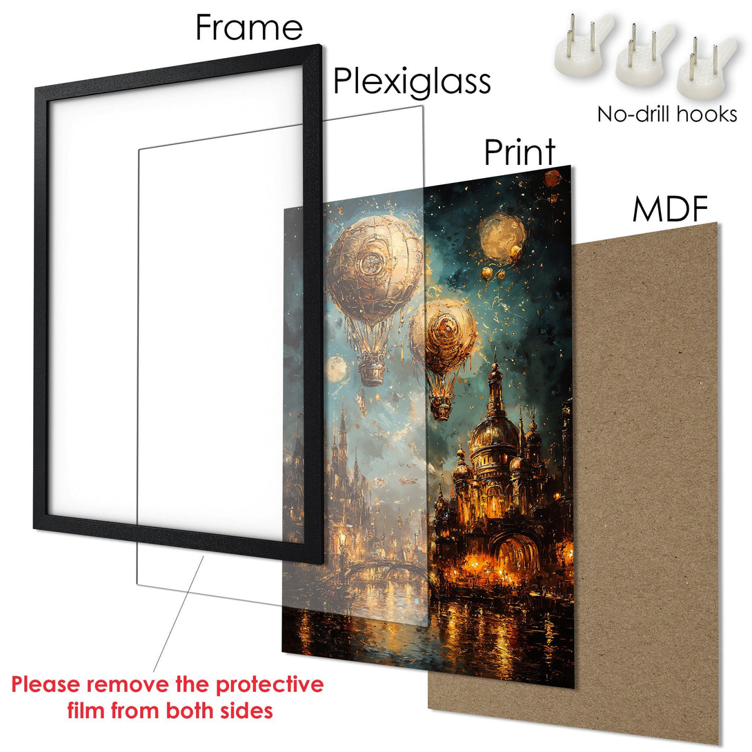 Framed Poster art featuring fantasy city and hot air balloons. Rich color palette with golds, blues, and warm tones. Perfect wall decor!