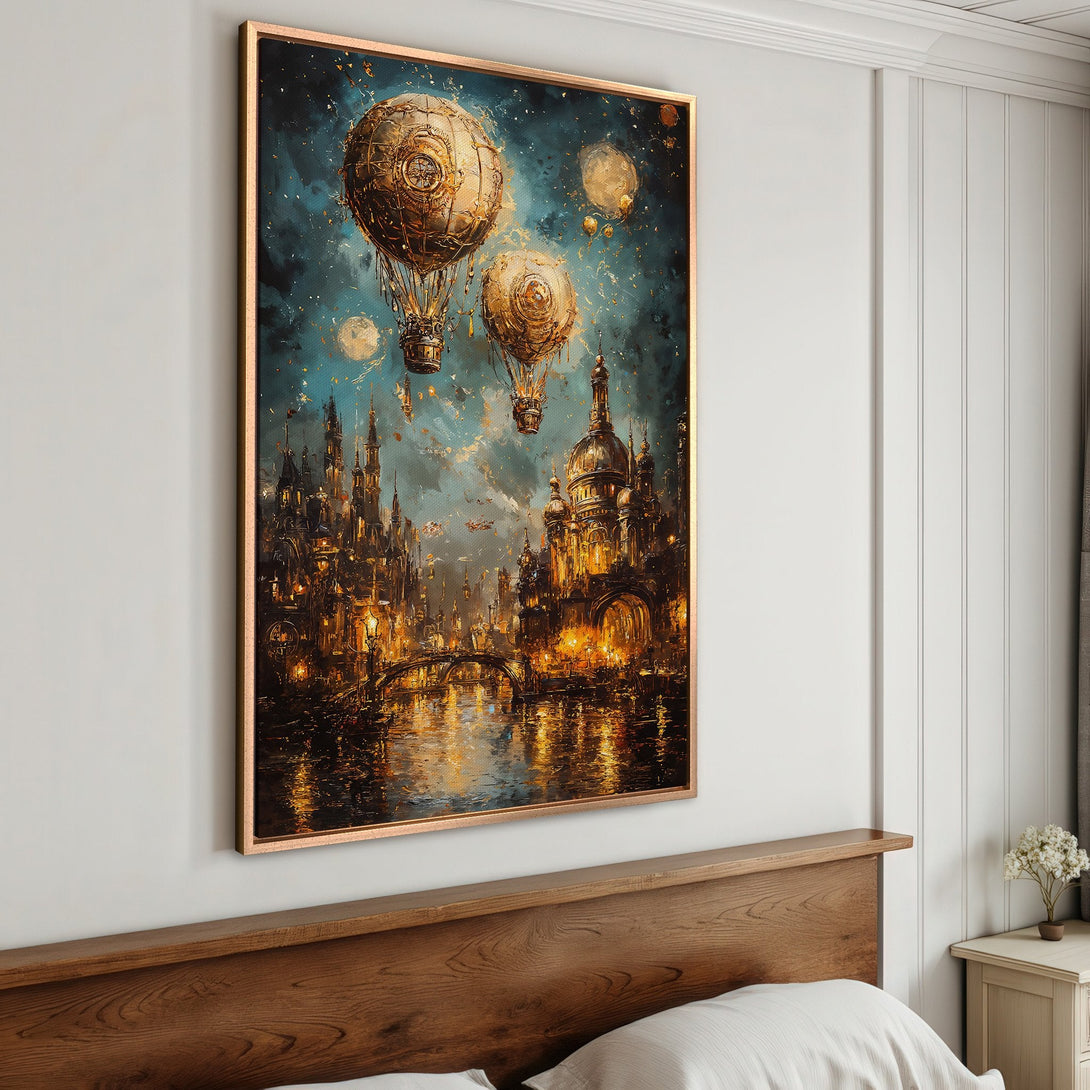 Framed Wall Art: Steampunk city with hot air balloons. Dramatic, detailed painting with teal, gold, and brown color palette. Perfect for home decor.
