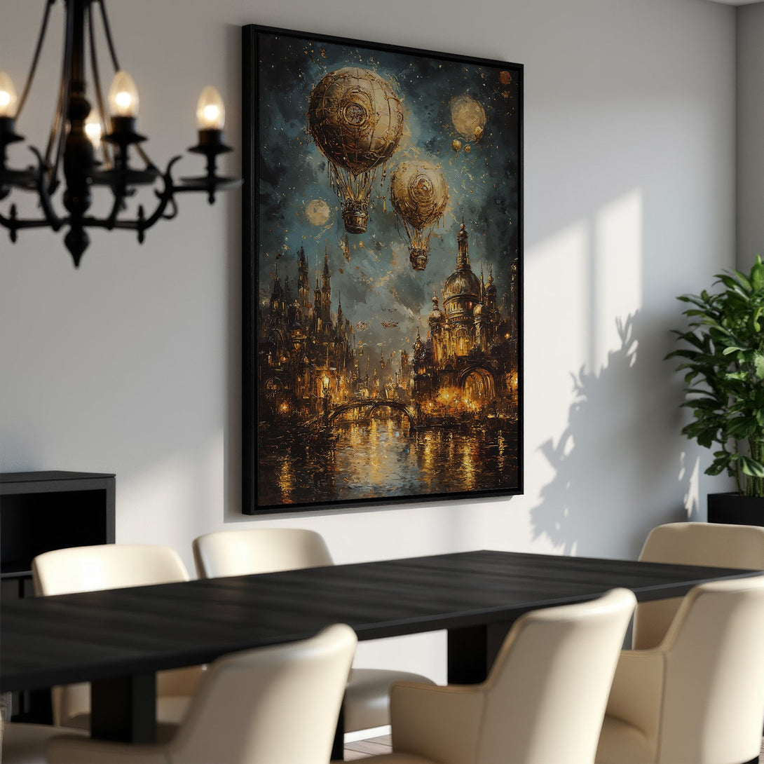 Framed Wall Art: Steampunk city canvas print with gold and teal color palette. Add a touch of fantasy to your home decor with this unique artwork.