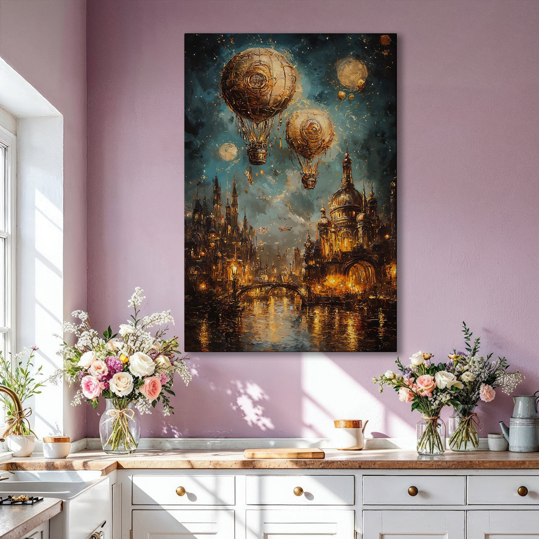 Framed Wall Art: Steampunk city canvas print with hot air balloons. Moody, detailed artwork in warm gold, blue, and brown tones. Perfect for living room decor.