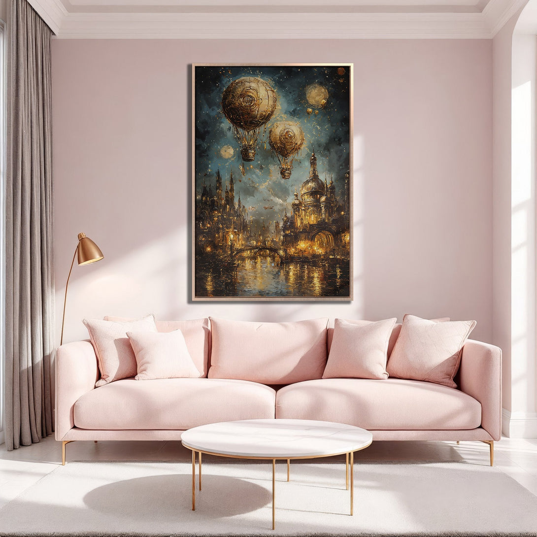 Framed Wall Art: Steampunk city scene with hot air balloons. Dramatic, painterly style with gold, blue, and warm tones. Perfect for adding art to your home!