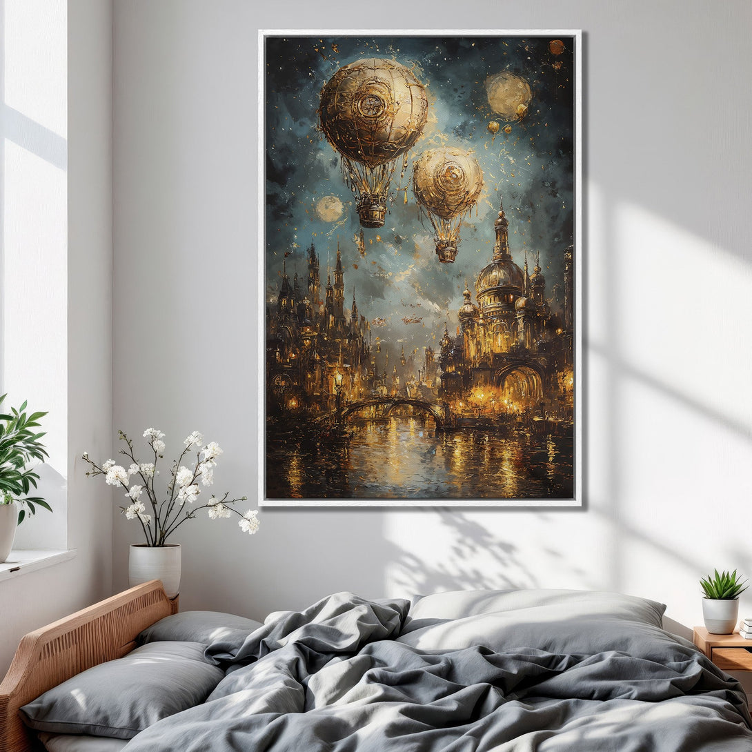 Framed Wall Art: Steampunk city canvas print in gold and teal. Fantasy art with hot air balloons, perfect for bedroom decor.