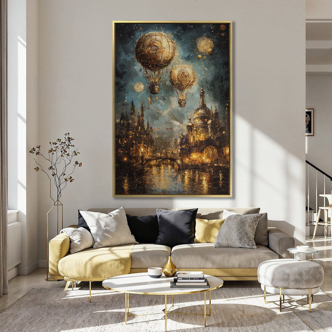 Canvas Print: Steampunk city art with hot air balloons, warm gold and teal color palette, perfect for adding a touch of fantasy to any space.