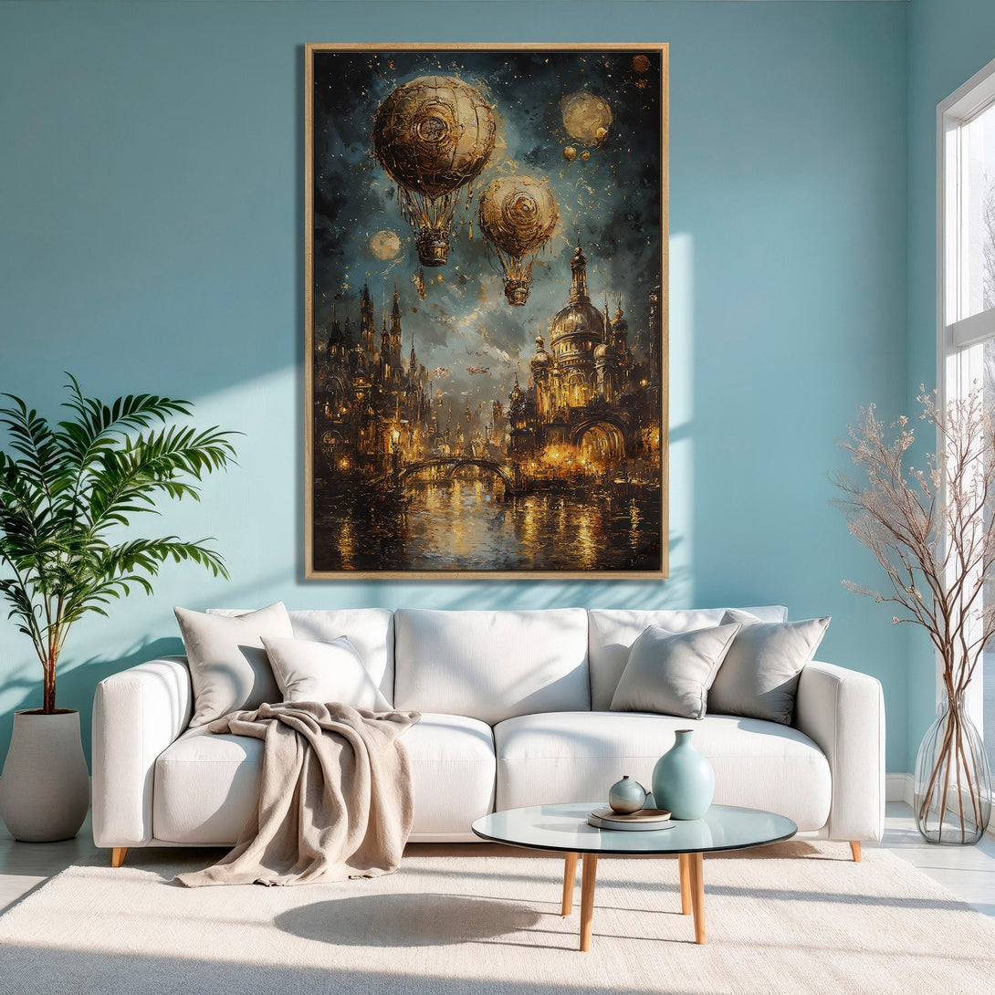 Framed Wall Art: Steampunk city with hot air balloons. Warm gold and blue color palette. Perfect for living room decor.