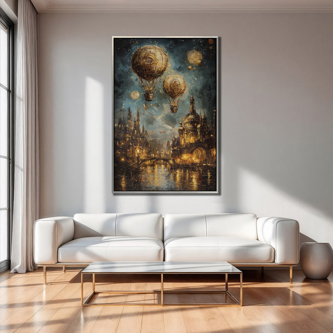 Framed Wall Art: Steampunk city with hot air balloons, rich gold and teal color palette. Perfect for living room decor.