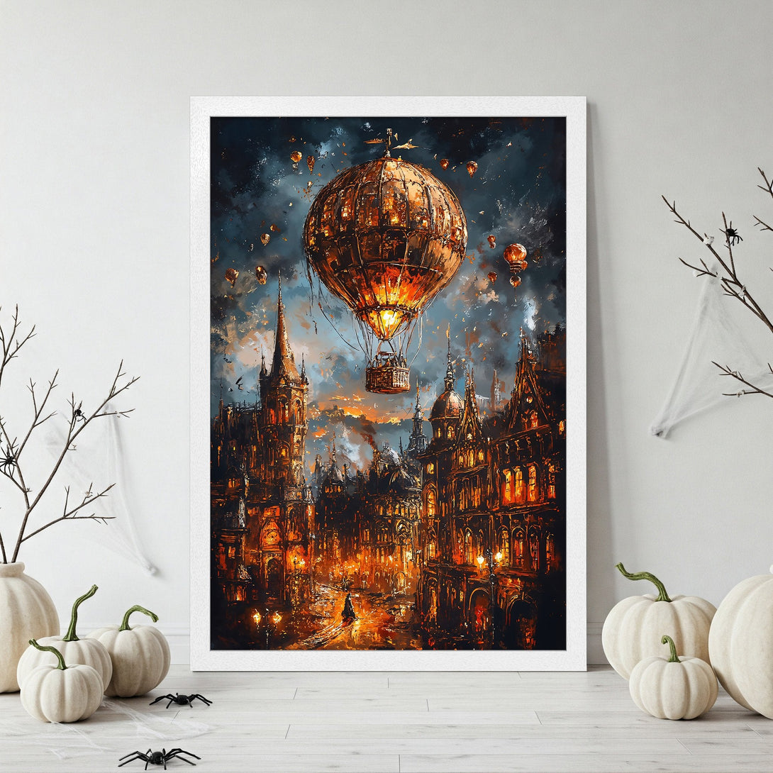 Framed Poster featuring a steampunk cityscape with a hot air balloon, in warm orange and dark blue tones. Perfect wall art!