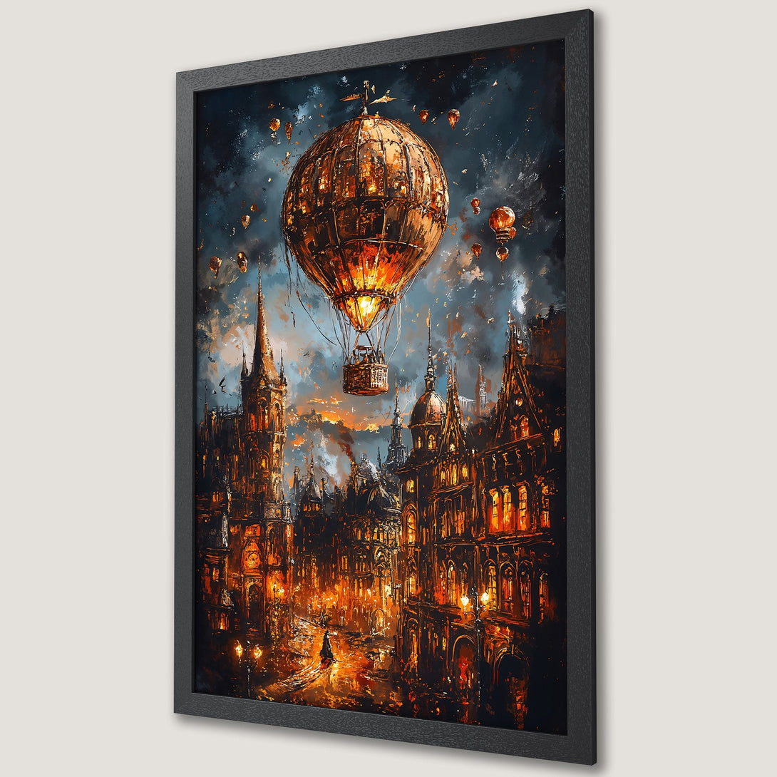 Framed Poster featuring a steampunk city with a hot air balloon. Dark, dramatic artwork with warm orange and cool blue tones.