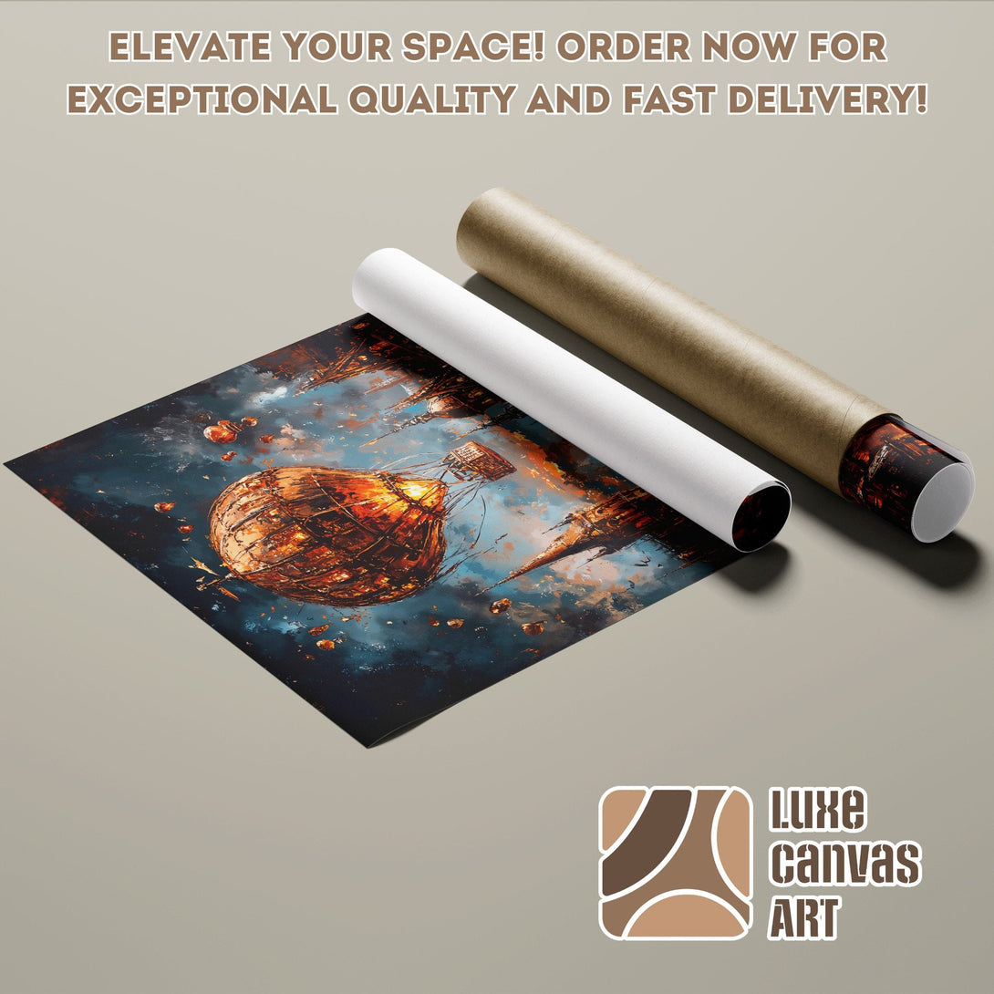 Poster Roll featuring a fantasy airship art print. Dark blue, orange, and brown color palette. Order yours today!
