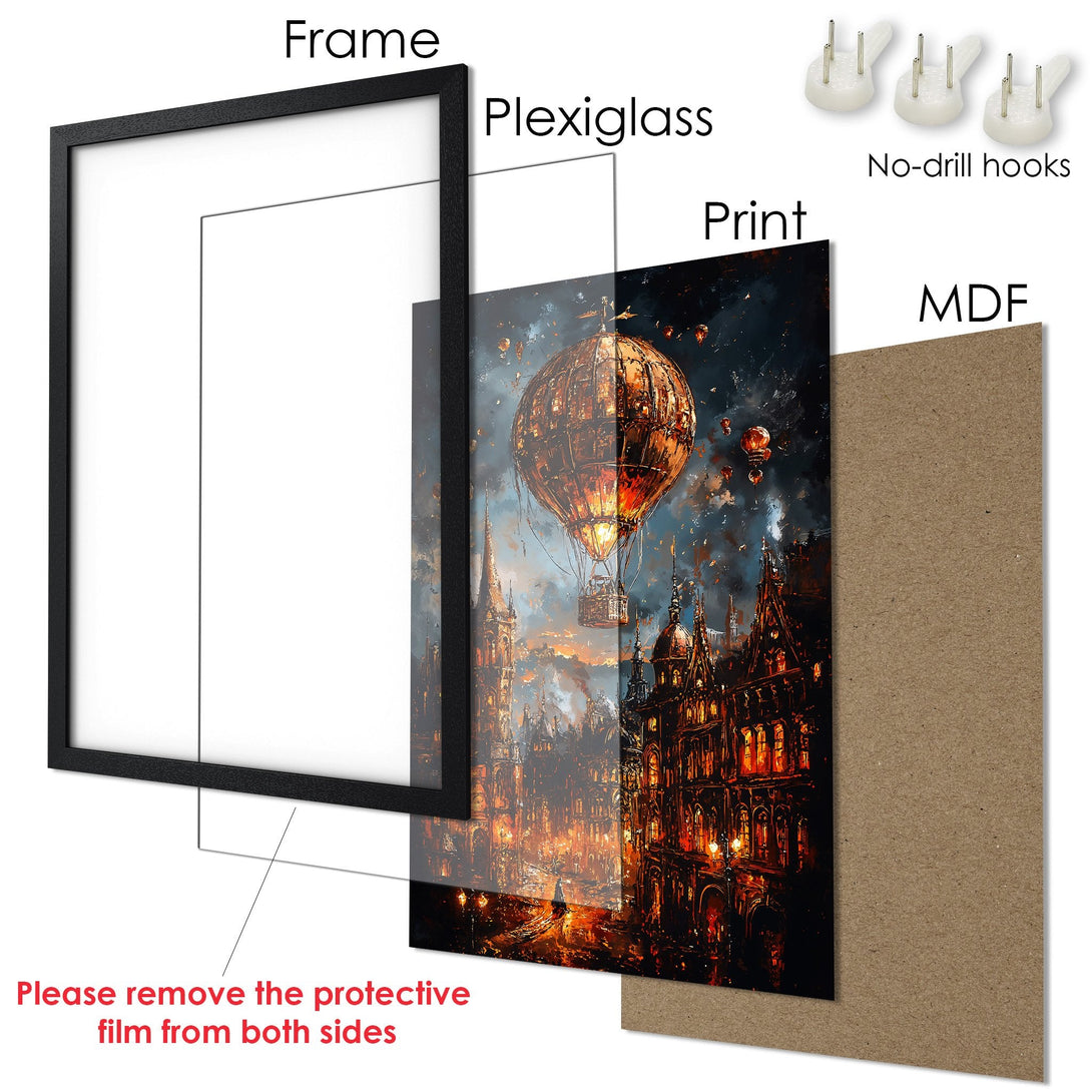 Framed Poster featuring a fantasy cityscape and hot air balloon, with a warm, vibrant color palette. Perfect wall art!